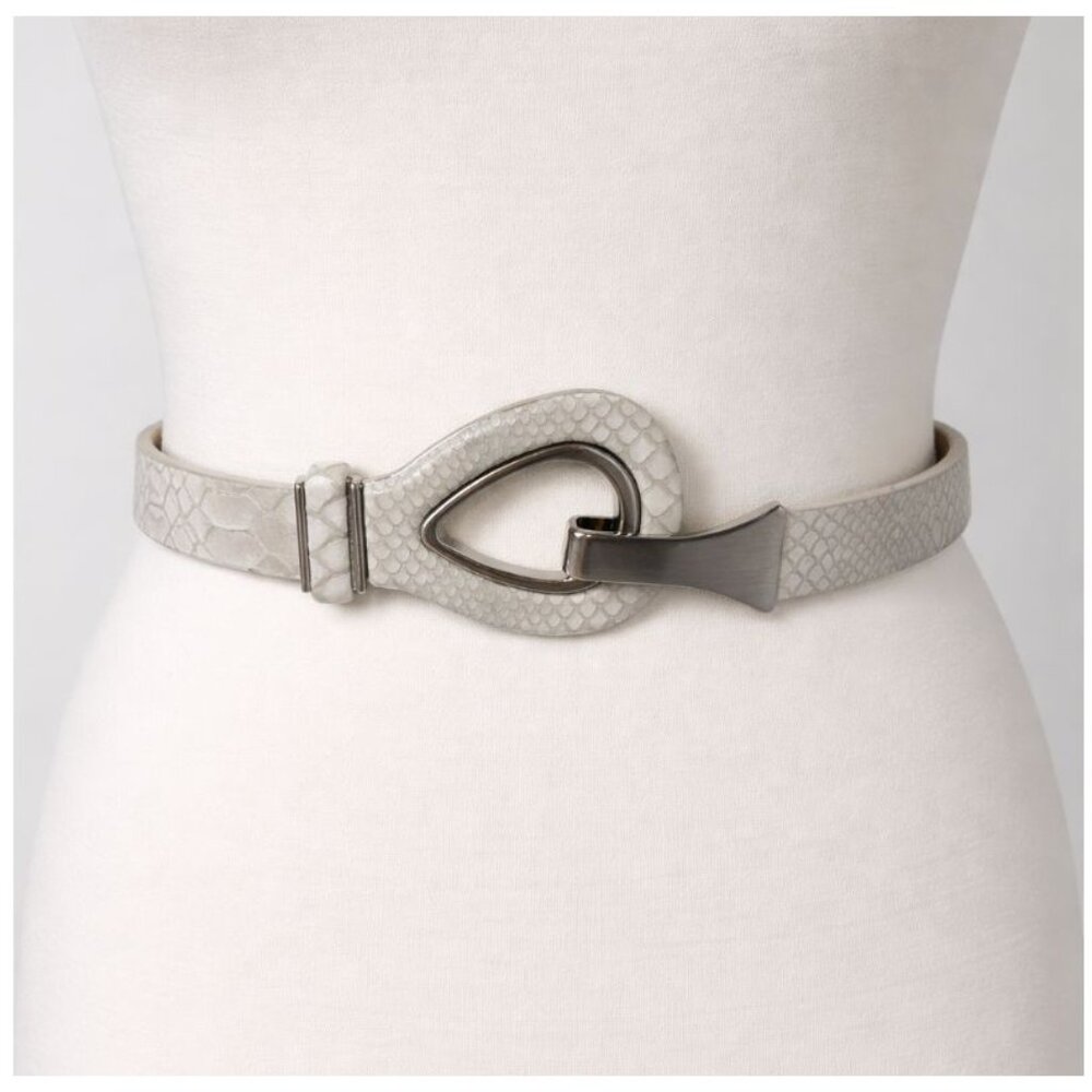 Chicos Snake Embossed Belt Teardrop Buckle M/L Beige Elevated Basics statement